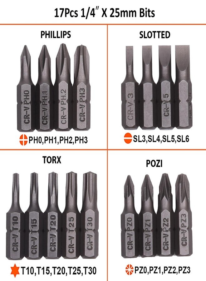 Harden 18Pcs 1/4" X 25mm Bits Set - Slotted, Phillips, Torx and Pozi Bits - Magnetic Head - 550818 - Image 2